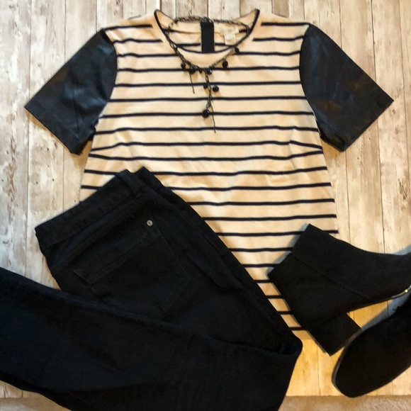 J. Crew striped, exposed zip back knit shirt w/faux leather sleeves - size S - Picture 3 of 13
